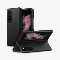 ACS03410 - Galaxy Z Fold 3 Case Neo Hybrid S in black showing the back, front and device propped up with case as kickstand